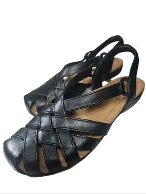 Earth Origins Blk Leather Sandal Women Sz 7M  Strappy Walk Flat NEW Gorp Y2k[7D